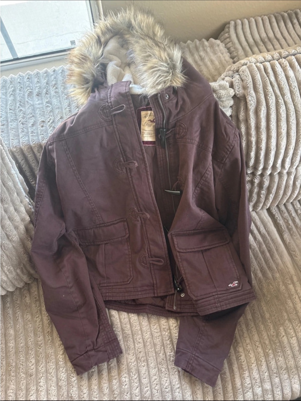 Hollister Plum Hooded Puffer Jacket with Faux Fur Trim